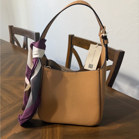 Tory Burch Brown Leather Shoulder Bag with Purple Scarf - Picture 2 of 8